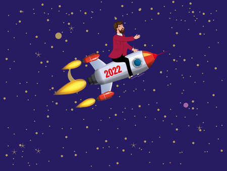 Businessman on a rocket fly through sky. Start up 2022, goal achievement metaphors. Space stars background. Vector illustrationのイラスト素材