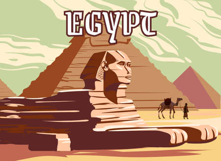 Vintage Banner Ancient Sphinx, Egypt Pharaoh Pyramids. Travel to Egypt Country, Sahara desert, camel with egyptian. Retro card illustration vectorのイラスト素材