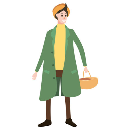 Young Man with basket for goods, winter cold weather clothes, hat warm coat, boots. Cartoon flat styleのイラスト素材