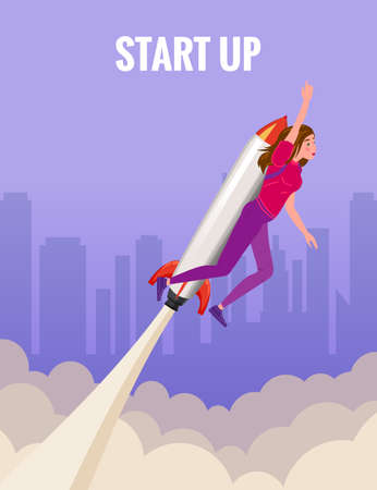 Businesswoman on a rocket fly through sky. Start up, goal achievement metaphors. City background. Vector illustrationのイラスト素材