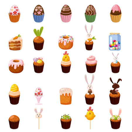 Set of Easter sweets eggs, cupcake, bird, bunny, candies, cake, lollipops, candy jar. Collection sweet food, chocolate rabbitのイラスト素材