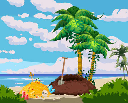 Treasure tropical Island, dug drug treasure pit from the ground, ancient pirate treasure pile of gold, scull, exotic plants, palms, sea, ocean, clouds. Sea landscape coast, beach, sand adventure gameのイラスト素材