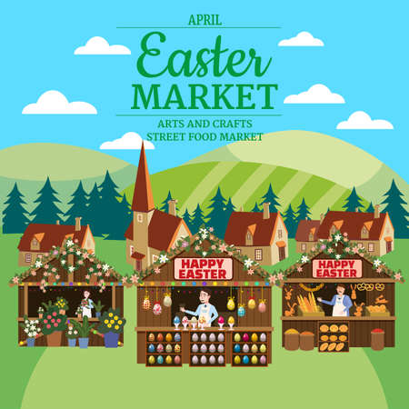 Easter Market poster, Holiday City Spring Fair, wooden stalls decorated flowers, colored Easter eggs, bunny, baking. Europe village background. Vector illustrationのイラスト素材