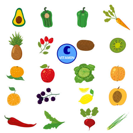 Set of Vitamin C natural sources. Healthy diary rich ascorbic acid, fruits, vegetables, berries. Organic diet products, natural nutrition collection. vector flat cartoonのイラスト素材