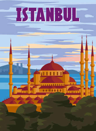Istanbul retro poster, sunset city Turkey, Noble Hagia Sophia Grand Mosque. Vintage touristic postcardのイラスト素材