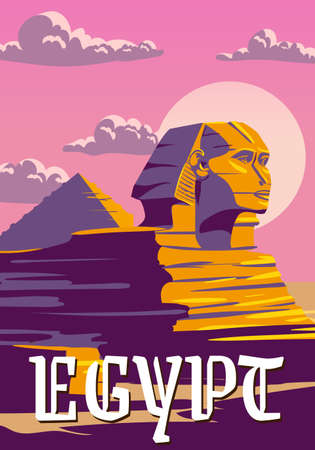 Vintage Poster Ancient Sphinx, Egypt Pharaoh Pyramids. Travel to Egypt Country, Sahara desert. Retro card illustration vectorのイラスト素材