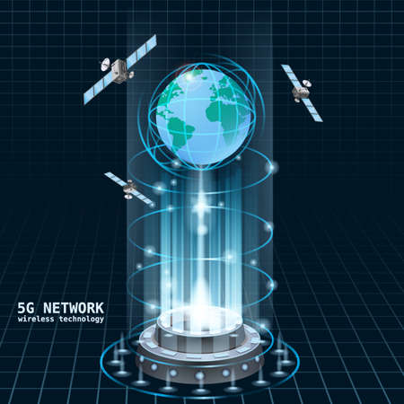 Futuristic blue earth, portal, hologram, 5G Network global internet technology. Satellites, Earthのイラスト素材