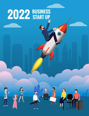 Businessman on a rocket fly Start up, through sky on 2022 year. Goal achievement metaphors. City background. Vector illustrationのイラスト素材