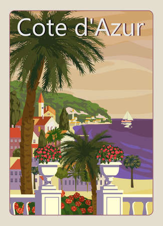 Cote de lazur French Riviera coast poster vintage. Resort, coast, sea, beach. Retro style illustration vectorのイラスト素材
