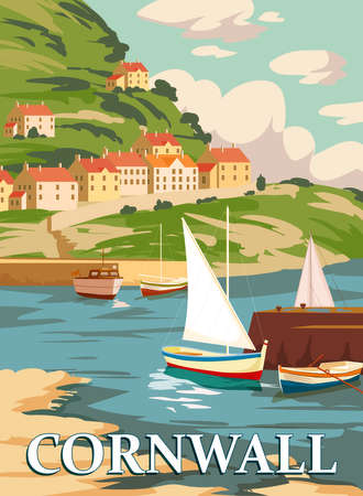 Cornwall Vintage Poster, South West England, United Kingdom. Travel poster coast, buikdings, sailboats. Vector illustrationのイラスト素材