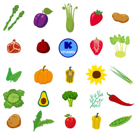 Set of Vitamin K origin natural sources. Healthy diary food, green vegetables, fruits, berries. Organic diet products, natural nutrition collection. Vector flat cartoonのイラスト素材