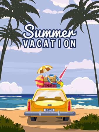 Vacation travel yellow car with luggage bags, surfboard on the beach. Tropical seachore, palms, sea, ocean, back view. Vector illustration retro cartoonのイラスト素材