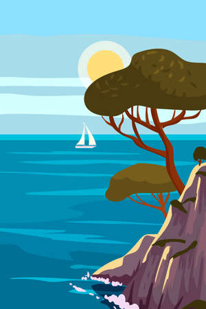 Retro Mediterranean Poster, landscape sea vacation Europe. Mountaines, trees, harbor, sailboat, sunset. Travel holiday summer voyage. Vintage style vector illustrationのイラスト素材