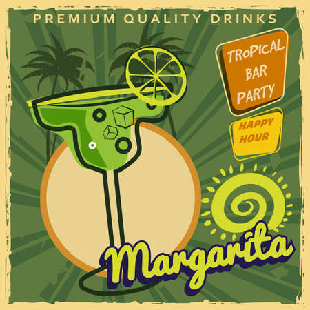 Margarita Retro poster design. Cocktail lounge vintage background, scratched old textured paperのイラスト素材