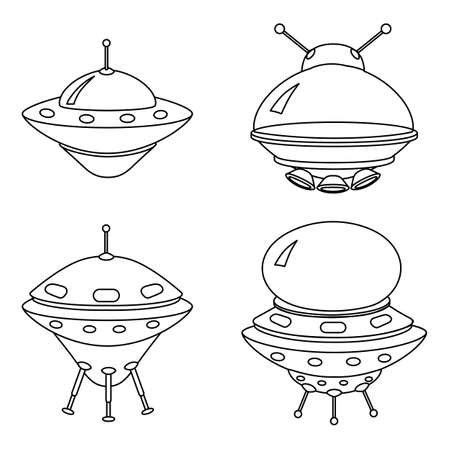 UFO icon set, spacecraft of alien. Vector outline styleのイラスト素材