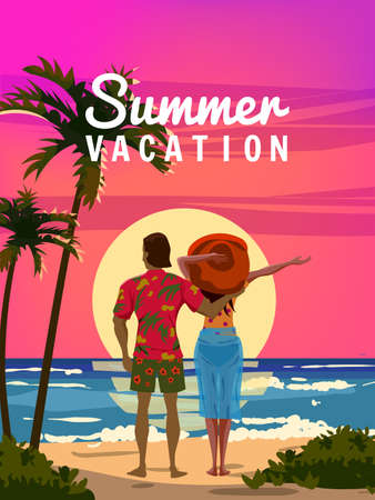 Sunset Tropical resort, summer vacation, Couple man and woman seaside on the beach, enjoing rest, sea, ocean. Vector illustrationのイラスト素材