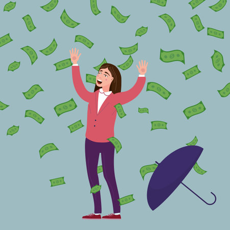 Happy woman with umbrella falling money rain. Success finance business, falling cash. Vector illustrationのイラスト素材