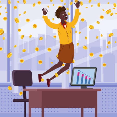 Happy african businesswoman jump in the air falling money coins rain in the office. Success finance business, falling cash. Vector illustrationのイラスト素材