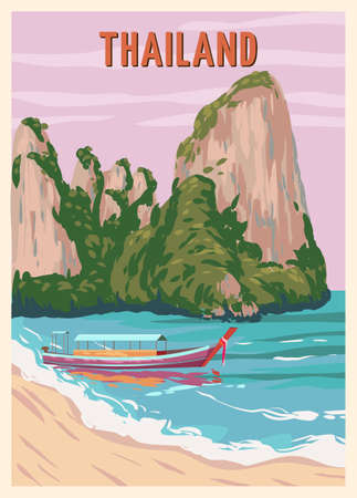 Poster Thailand tropical resort vintage. Travel holiday summer. Exotic beach coast, boat, palms, ocean. Retro style illustration vector isolatedのイラスト素材