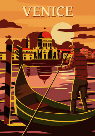 Venice Italia Poster retro style. Sunset Grand Canal, gondolier, architecture, vintage card. Vector illustration postcardのイラスト素材