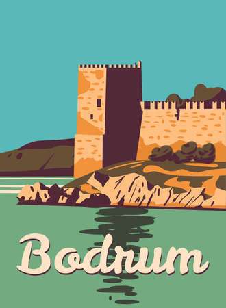 Bodrum Castle retro poster, Turkey resort. Vintage touristic postcard, placard, vectorのイラスト素材