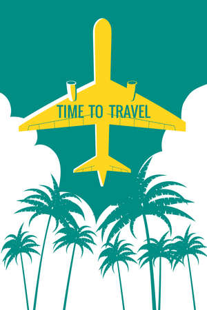 Poster Plane in the sky, take-off, palms, suncet. Vintage Summer Holiday poster, banner. Vector illustrationのイラスト素材