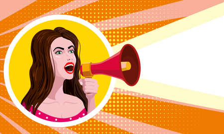 Promotion, advance, Woman shouting in megaphon, loudspeaker. Female cartoon character announcing for advertising, markering information, discount or sale. Vector business communication illustrationのイラスト素材