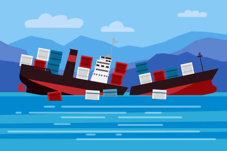 Wreck of the ship of cargo in ocean, vessel going under water and goods containers. Marine transport crash, cartoonのイラスト素材