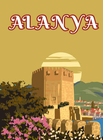 Retro Poster Alanya landmark, Turkey resort, sunset skyline. Vintage touristic travel postcard, placard, vectorのイラスト素材