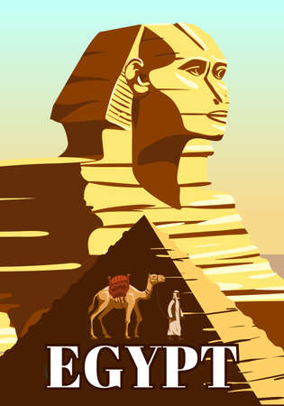 Ancient Sphinx, Egypt Pharaoh Pyramids Vintage Poster. Travel to Egypt Country, Sahara desert, camel with egyptian. Retro card illustration vectorのイラスト素材