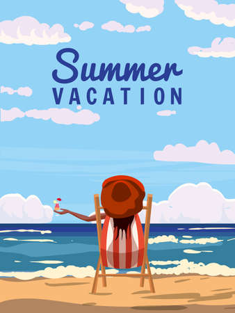 Woman in red hat lying on deck chair with cocktail in hand, rest, resort tropical coast. Vacation resort, exotic sea ocean shore sand, palms. Vector illustrationのイラスト素材