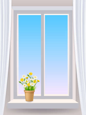 Window in interior, flowers chamomiles in the pot, curtains. Vector illustration template realisticのイラスト素材