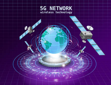 Futuristic blue earth, portal, hologram, 5G Network global internet technology. Satellites, Earthのイラスト素材