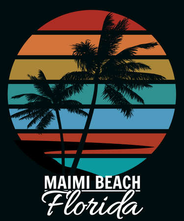 Poster Retro Florida Miami Beach sunset print t-shirt design. Poster palm tree silhouettesのイラスト素材