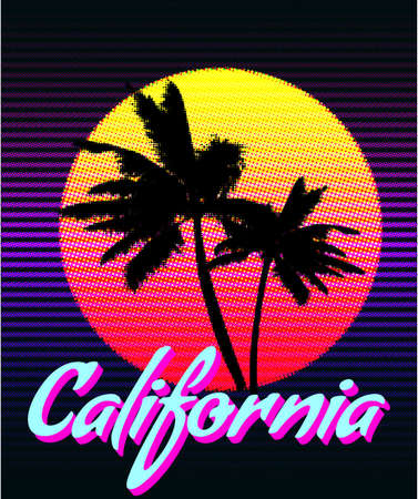 California t-shirt typography sunset print design. Poster retro palm tree silhouettes