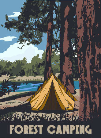 Forest Camping poster retro, camping outdoor travel. Tourism hiking summer forest, vector iluustrationのイラスト素材