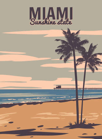 Miami Beach Vintage Poster. Beach, palm, coast, surf, ocean. Vector illustrationのイラスト素材
