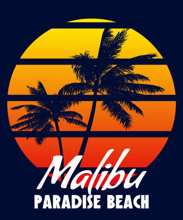 Malibu Paradise Beach sunset print t-shirt design. Poster retro palm tree silhouettesのイラスト素材