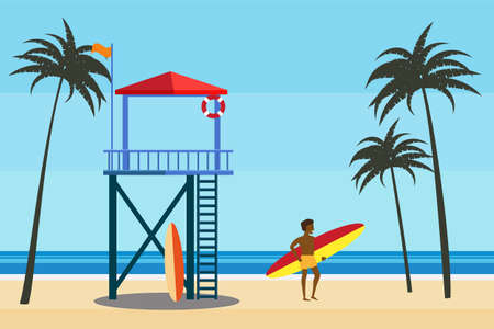 Lifeguard station on the beach palms, surfer, coast ocean, sea. Summer tropical landscape, vectorのイラスト素材