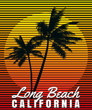 California Long Beach sunset print t-shirt design. Poster retro palm tree silhouettesのイラスト素材