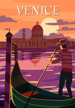Retro Poster Venice Italia. Sunset Grand Canal, gondolier, architecture, vintage style card. Vector illustration postcardのイラスト素材