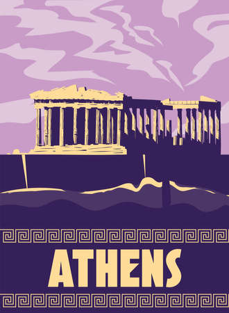 Travel to Greece Athens Poster Travel, columns ruins temple antique, old Mediterranean European culture and architectureのイラスト素材