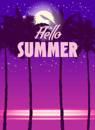 Hello Summer night party background with palms, design template, flyer. Summertime posterのイラスト素材