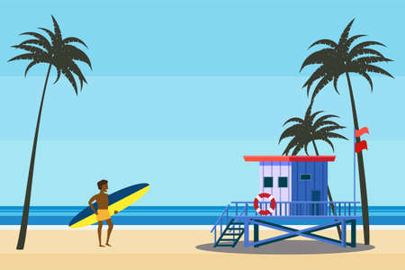 Lifeguard Tower on the beach palms, surfer, coast ocean, sea. Summer tropical landscape, vectorのイラスト素材
