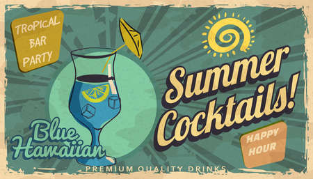 Summer Blue Hawaiian Cocktail Retro banner. Cocktail lounge vintage background, scratched old textured paperのイラスト素材