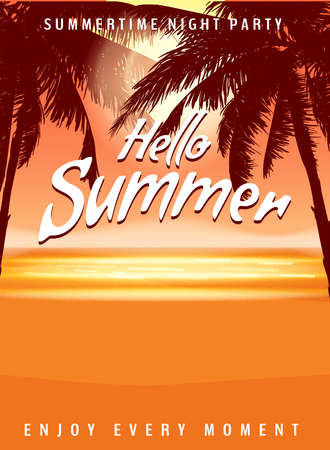 Hello Summer party background with palms, design template, flyer. Summertime posterのイラスト素材
