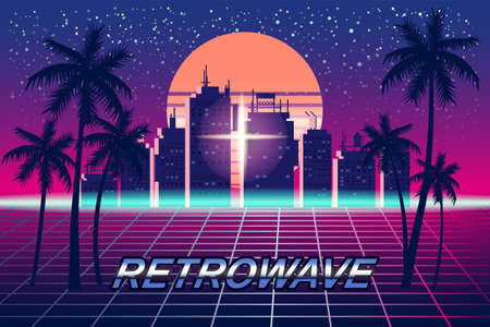 Retrowave banner vaporwave aesthetic background. Futuristic city palms grid 3d, sunset 80 s Synthwaveのイラスト素材