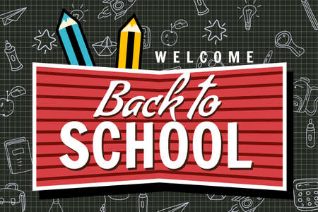 Welcome Back to school banner, retro. Background template icons accessoriesのイラスト素材
