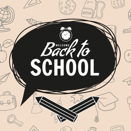 Back to school bubble poster, pencils, clock alarm clock, retro. Sale Background templateのイラスト素材