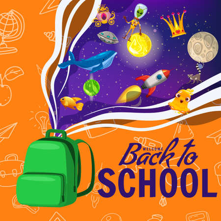 Back to school poster backpack, space imagination, creative concept. Template for invitation, poster, bannerのイラスト素材